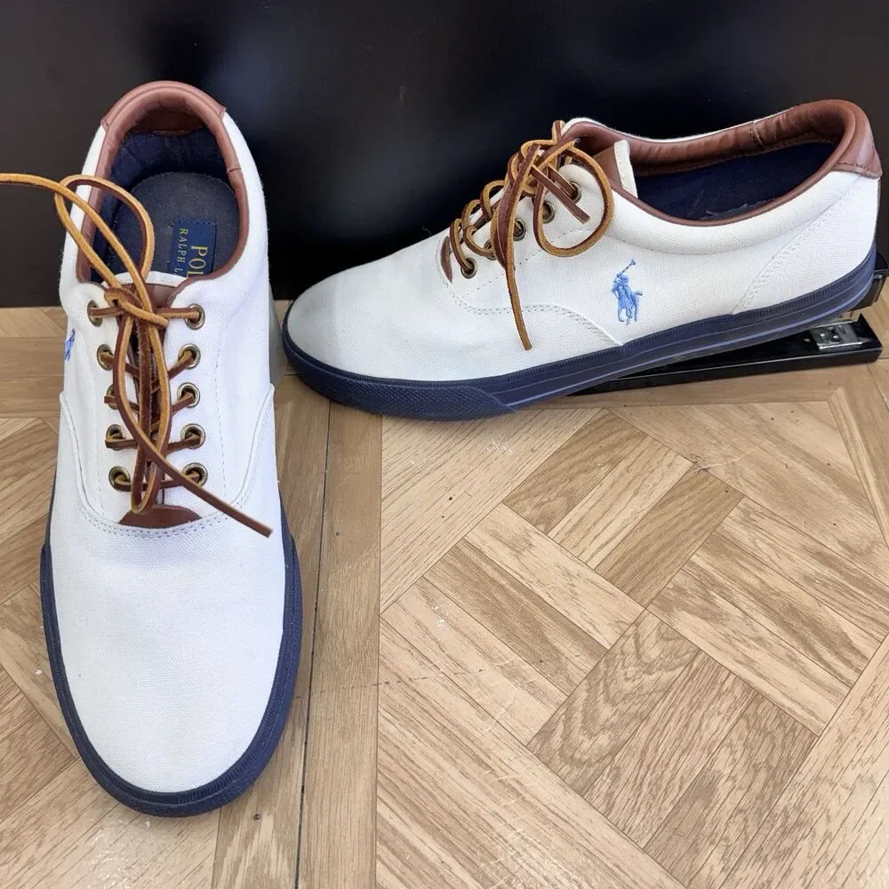 Polo Ralph Lauren Vaughn Mens Sneakers Size 11.5 D Cream Canvas Casual Shoes